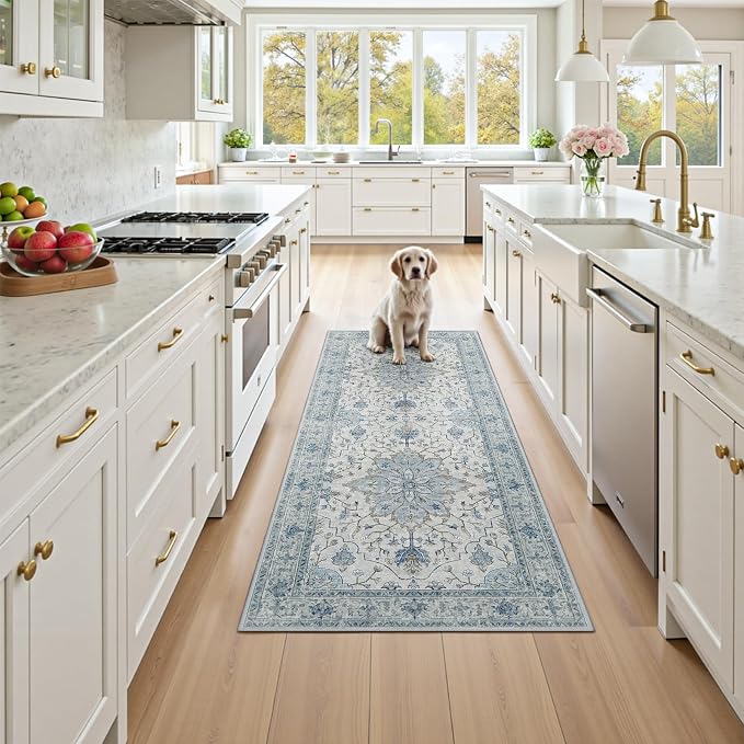 RELEANY Area Rugs Small 2'x4' Washable Non-Slip, Floral Vintage Distress Medallion Carpet for Kitchen Entryway Bathroom, Light Blue Navy Gray White