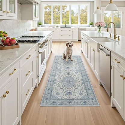RELEANY Area Rugs Runner 2'6"x8' Washable Non-Slip, Floral Vintage Distress Medallion Carpet for Kitchen Hallway Bedroom Beside Laundry Room Bathroom, Light Blue Navy Gray White