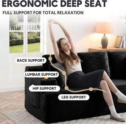 66.5'' Boneless Sofa Couch with Cup Holders & Side Pockets, Modern Corduroy Fabric Upholstered Loveseat Couch with 2 Throw Pillows for Living Room Office, No Assembly (Black)