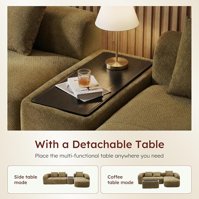 Relefree 136'' Modular Sectional Sofa, No Assembly Curved Sofa with Movable Coffee Table, High-Resilience Foam, Boneless Couch for Living Room, Oversized, Chenille, Thick Backrest, Green