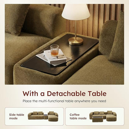 Relefree 136'' Modular Sectional Sofa, No Assembly Curved Sofa with Movable Coffee Table, High-Resilience Foam, Boneless Couch for Living Room, Oversized, Chenille, Thick Backrest, Green