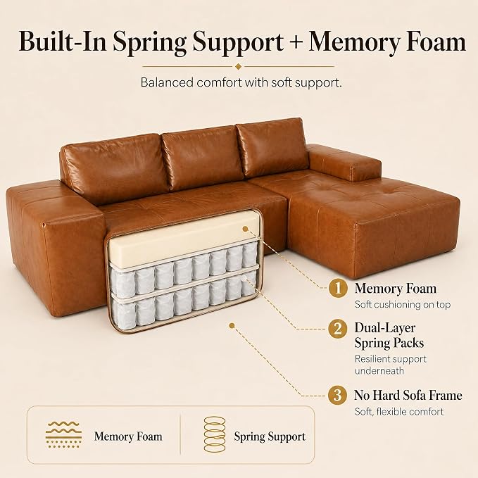 114” Boneless Sectional Couches for Living Room, Brown Cloud Faux Leather Couch in a Box, Modular Sectional Sofas for Living Room, L Shaped Couch with Chaise, Memory Foam Deep Seat,Right Chaise