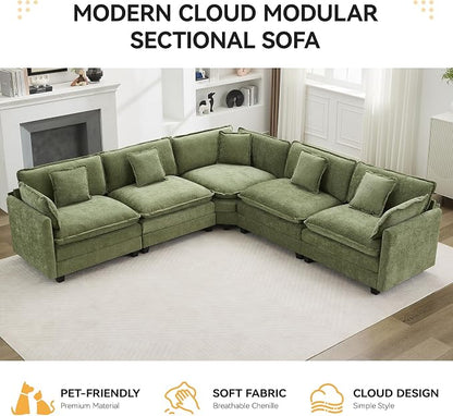 113'' V Shaped Cloud Sectional Sofa, Oversized Deep Seat Couches for Living Room, Chenille Comfy Upholstered Modular Sectional Sofa Couch, Green