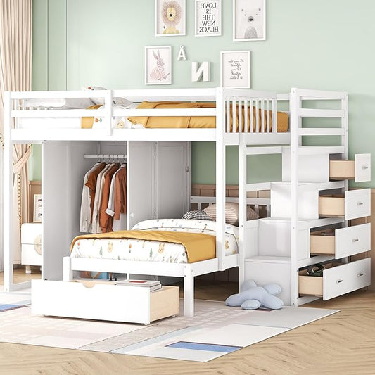 Ball & Cast Full Over Twin Bunk Bed with Safty Guardrail & Storage Stair,Wood Loft Bedframe W/Wardrobe & Drawers,Space-Saving Design,Easy Assembly,Versatile Furniture for Boy Girl Teen Bedroom,White