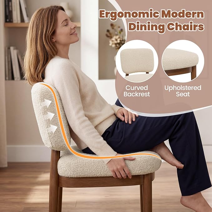 Wooden Dining Chairs Set of 6, Boucle Upholstered Kitchen Chairs with Solid Wood Legs, Mid Century Modern Dining Chairs, Farmhouse Side Chair with Hardwood Frame for Dining Room, Beige