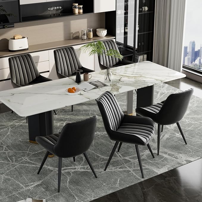 Dining Chairs Set of 6, Faux Leather Mid Century Modern Kitchen Chairs with Soft Cushion, Comfortable Upholstered Dining Room Chairs for Kitchen, Black