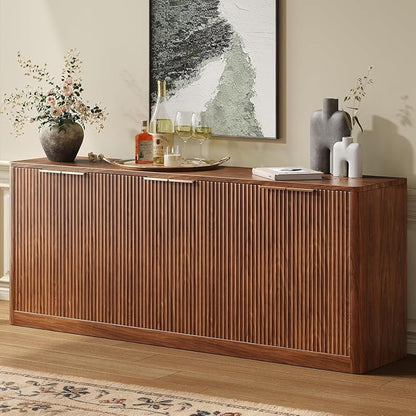 Evermagin 67" Fluted Walnut Buffet Cabinet Sideboard with Storage, Large Credenza with 6 Doors, Wood Mid Century Modern Sideboard for Kitchen and Living Room (67" W*31.5" H*15.7" D)