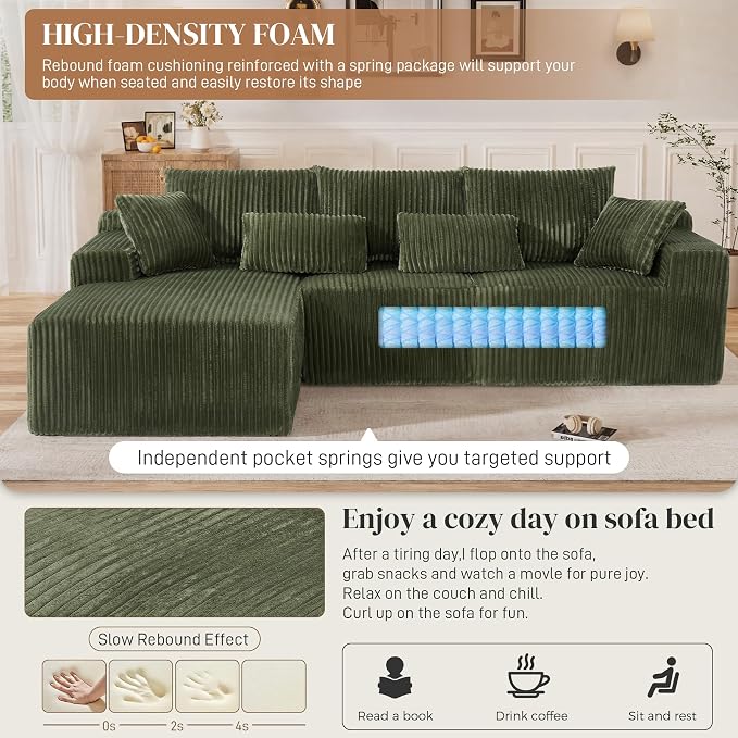 110" L Shaped Cloud Boneless Sectional Couches for Living Room, Modern Comfy Modular Deep Seat Memory Foam Compressed Corduroy Sofa Oversized Left Facing Chaise, No Assembly Required, Green