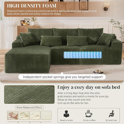 110" L Shaped Cloud Boneless Sectional Couches for Living Room, Modern Comfy Modular Deep Seat Memory Foam Compressed Corduroy Sofa Oversized Left Facing Chaise, No Assembly Required, Green