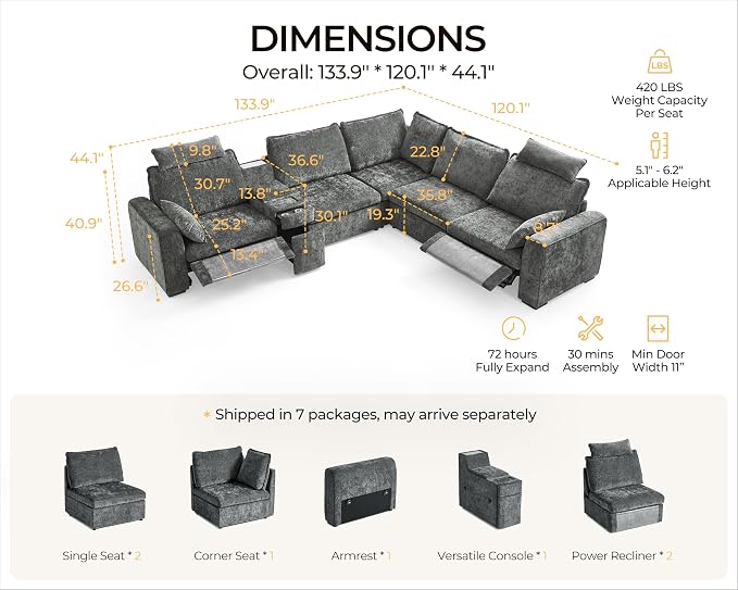 Oversized Modular Sectional Sofa with Double Power Recliner, Cloud Reclining Couch with Headrest, Storage Drawer Charging Cup Holders, Deep L-Shaped 6 Seater with Corner, Chenille, Grey