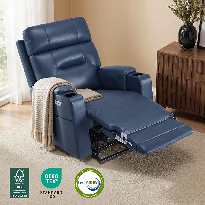 MCombo Lift Chair for Tall Man 6‘6’’, Dual Motor Power Lift Recliner Chair for Elderly, Lay Flat for Sleeping, Heat and Massage, USB & Type C, Faux Leather 7755 (Blue)