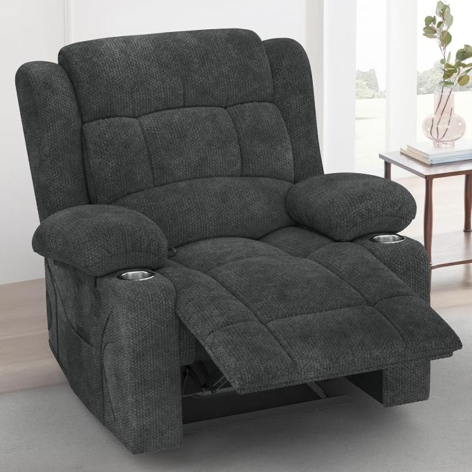 Recliner Chair for Adults, Oversized Fabric Manual Pull Tab Reclining Chair with Cup Holders, Minimalist Style Single Sofa for Living Room, RV (Grey)