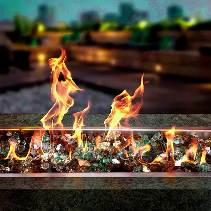 Onlyfire 10 lbs Fire Glass Rocks 1/4 Inch, Reflective Tempered Glass for Propane Fire Pit & Gas Fireplace, High Luster Firepit Glass Stones for Fire Table, Gold+Light Green+Copper