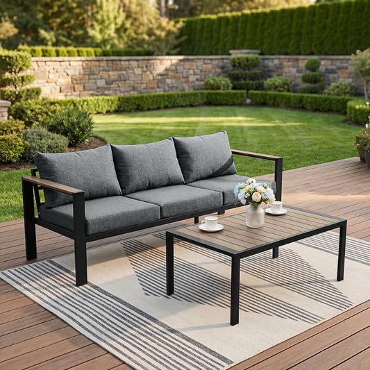 Patio Furniture Set 3 Seats Sofa and Coffee Table All-Weather Patio Sofa with Washable Thick Cushions, Deluxe Aluminum Modern Outside Sectional for Porch, Balcony, Deck, Yard, Light Gray