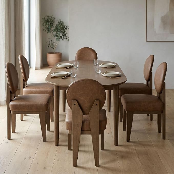 Hyfirm Mid-Century Modern Walnut Dining Chairs Set of 6, Vintage Brown Leather Wooden Kitchen Chairs, Retro Upholstered PU Cushioned Seat with Curved Backrest, Armless Accent Side Chair for Bedroom