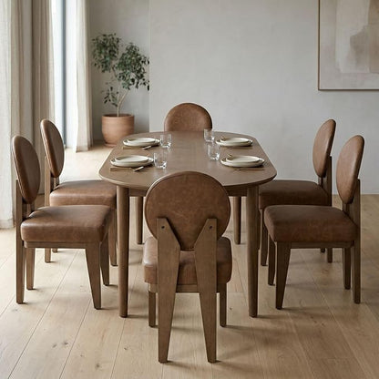 Hyfirm Mid-Century Modern Walnut Dining Chairs Set of 6, Vintage Brown Leather Wooden Kitchen Chairs, Retro Upholstered PU Cushioned Seat with Curved Backrest, Armless Accent Side Chair for Bedroom