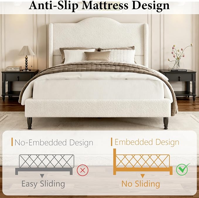Full Bed Frame with Wingback Headboard, Upholstered Boucle Platform Bed Frame, Solid Wooden Slats Support, Noise-Free, No Box Spring Needed, Soft Cloud Bed for Bedroom, Cream