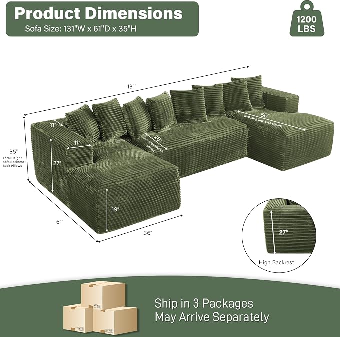 131" Oversized U Shaped Cloud Sectional Couches for Living Room, Comfy Fluffy Corduroy Green Boneless Sectionals Couch, Plush Memory Foam Modular Sectional Sofa with Chaise- 19" Seat Height