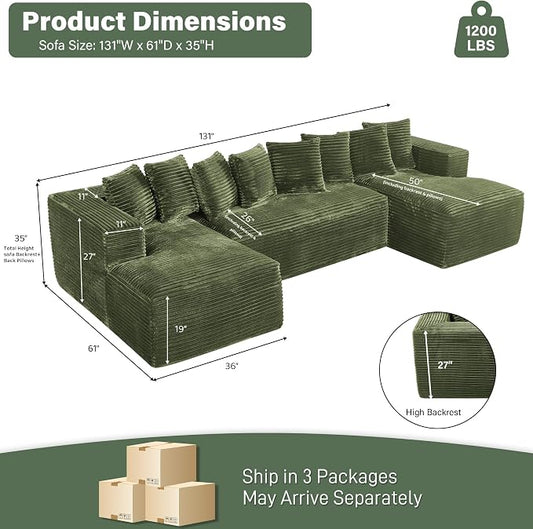 131" Oversized U Shaped Cloud Sectional Couches for Living Room, Comfy Fluffy Corduroy Green Boneless Sectionals Couch, Plush Memory Foam Modular Sectional Sofa with Chaise- 19" Seat Height