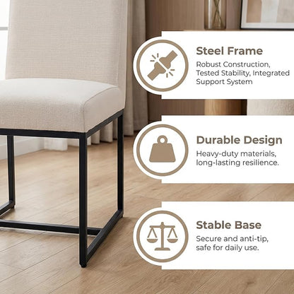 HNY Modern Dining Chairs Set of 4, Upholstered Linen Dining Room Chairs with Ergonomic Back & Metal Frame for Home, Kitchen, Apartment, Cream