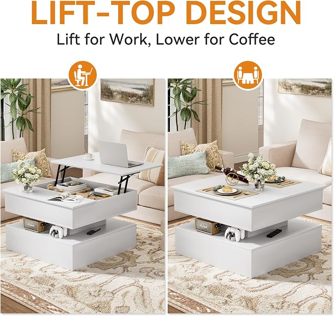 FABATO Lift Top Coffee Table with Storage and Hidden Compartment, Wood Square Coffee Table for Living Room, 31.5'' Small Center Table with Open Display Shelf for Dining Reception Room, White