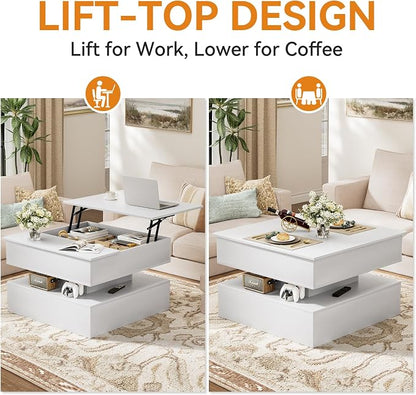 FABATO Lift Top Coffee Table with Storage and Hidden Compartment, Wood Square Coffee Table for Living Room, 31.5'' Small Center Table with Open Display Shelf for Dining Reception Room, White