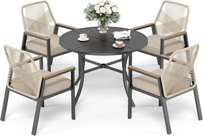 5 Pieces Patio Dining Set, 4 x Woven Rattan Chairs with Waterproof Cushion, 42” Metal Round Dining Table with Umbrella Hole, Outdoor Table and Chairs Set for Backyard Lawn and Deck, Beige