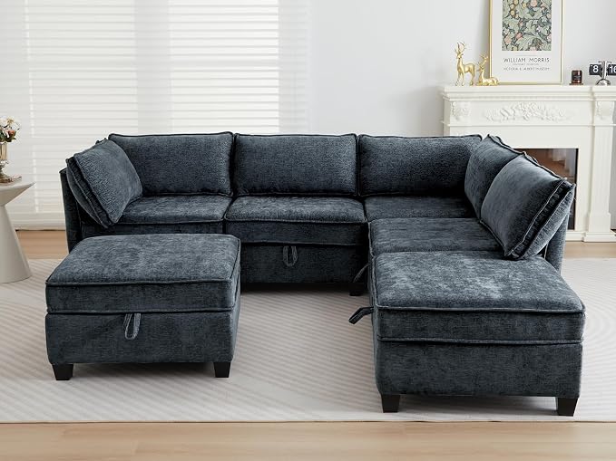 ORRD Corner Modular Sectional Sofa Set, Convertible L Shaped Couch with Storage, 6 Seater Sofa Modular with Ottomans and Reversible Chaise for Living Room, Office (Blue Grey)