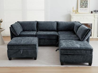 ORRD Corner Modular Sectional Sofa Set, Convertible L Shaped Couch with Storage, 6 Seater Sofa Modular with Ottomans and Reversible Chaise for Living Room, Office (Blue Grey)
