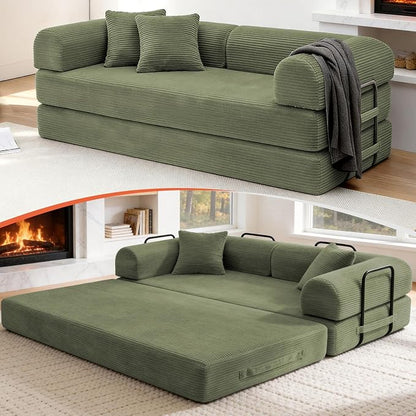 79'' Convertible Sofa Bed, Boneless Couch-in-a-Box, Corduroy Floor Futon Loveseat Sleeper, 26'' Deep Seat, Removable Machine-Wash Covers, No Assembly, 2 Pillows, Olive Green