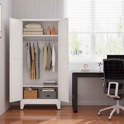 Metal armoire Wardrobe Closet with Hanging Rod,71'' Metal Wardrobe Cabinet with 2 Doors and 2 Adjustable Shelves, Bedroom armoires,Laundry Room cabinets,armario de ropa Closet(Classic, White)
