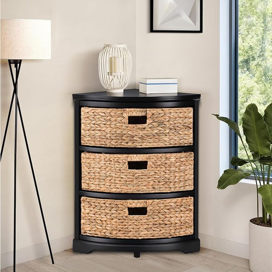 eHemco Hampton Meadows 3 Tier X-Side Corner Table Storage Cabinet, Black | 3 Wicker Baskets