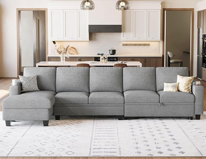 Belffin Modular Sectional Sleeper Sofa Bed with Storage Chaise L Shaped Sectional Couches for Living Room Armrest with Cup Holder. Light Gery Couch