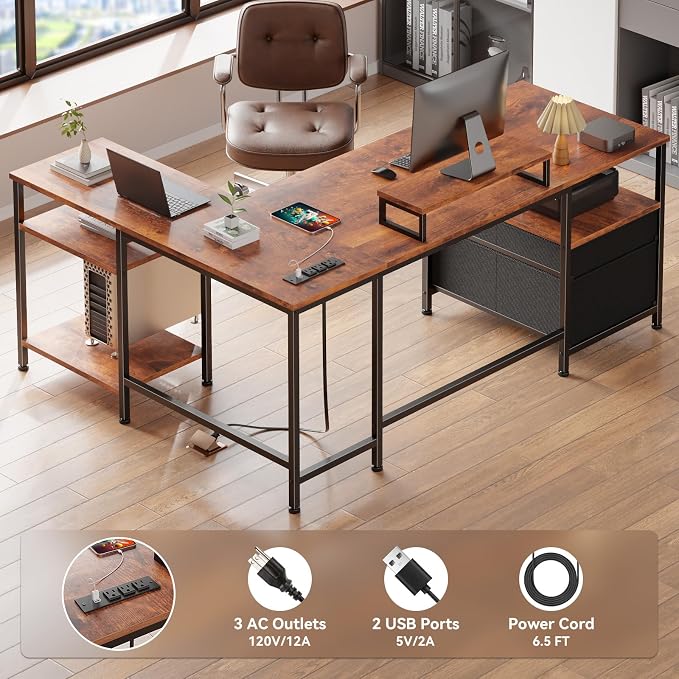 Furologee L Shaped Computer Desk with Power Outlet, Reversible Home Office Desk for Work Study, 50 Inch Corner Gaming Table with File Drawer, Monitor Stand, Storage Shelves, Rustic Brown