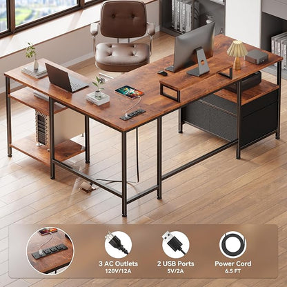 Furologee L Shaped Computer Desk with Power Outlet, Reversible Home Office Desk for Work Study, 50 Inch Corner Gaming Table with File Drawer, Monitor Stand, Storage Shelves, Rustic Brown
