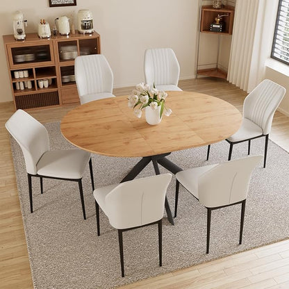 HIPIHOM 43.2"-59.1" Extendable Round Dining Table and PU Chairs for 4-6 | Mid century modern oak MDF board, scratch resistant surface, space saving, easy to clean, coffee table style