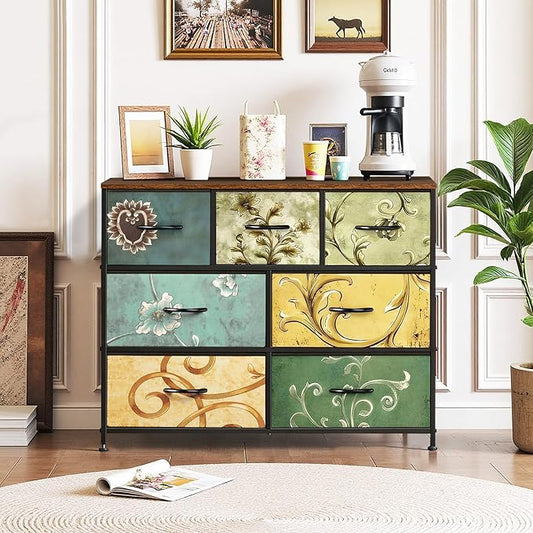 7-Drawer Dresser for Bedroom, Anti-Tip Wide Storage Organizer Fabric Chest of Drawers TV Stand for 45" TV with Wooden Top and Metal Frame for Closet, Living Room, Hallway, Entryway, Floral Painted