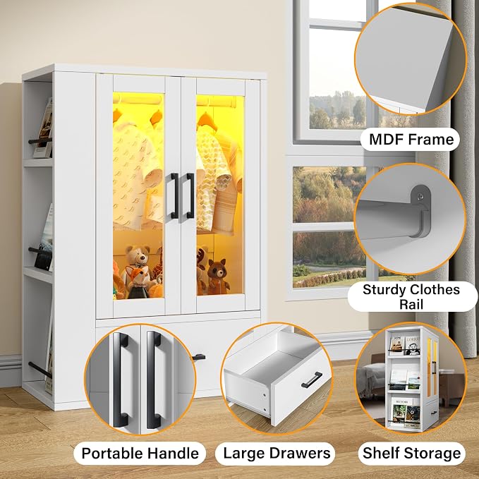 Wooden Dog Closet with LED Lights, Pet Wardrobe Organizer | Storage Cabinet for Dog & Cat Clothes, Toys, Food | Multi-Use Furniture, White