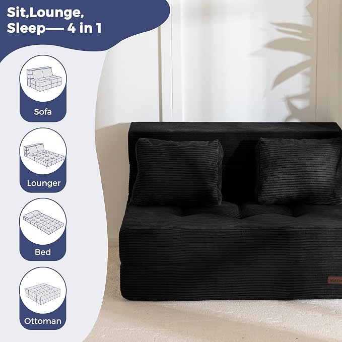 MAXYOYO Convertible Sofa Bed, Fold Out Sofa Couch with Pillow, 4 in 1 Tufted Folding Couch Bed Foam Floor Couch, Lazy Chair for Living Room Bedroom Guest Room, Black