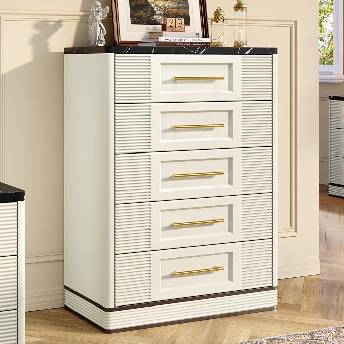 RECHHX Farmhouse 5 Drawers Dresser for Bedroom, 44" Tall Modern Marble-Effect Chest of Drawers, Wooden Thermoformed Curved Dresser Organizer for Bedroom, Living Room, White