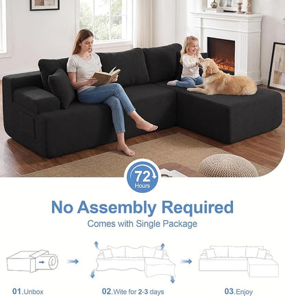 Hobestluk Modular Sectional Sofa Couches L-Shape Couch 3 Seat Modular Sofa Memory Foam Sectional Couches for Living Room, Cloud Couch with Oversized Chaise (Black Smooth, 108", Right Hand Facing)