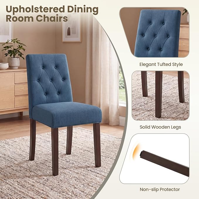 Upholstered Dining Chairs Set of 4, Modern Fabric Dining Chairs with Tufted Design, Kitchen Side Chairs, Farmhouse Dinner Chair with Wood Legs for Kitchen Restaurant Living Room, Blue
