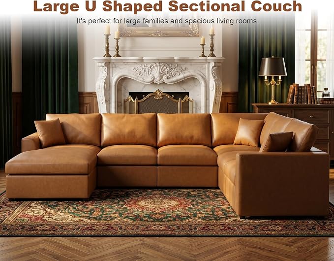 Oversized Leather Modular Sectional Sofa for Living Room, Brown | Extra Deep Seat, Pet-Friendly, Easy to Clean, Easy to Assemble, with Ottoman, Large 7 Seater U Shaped Cloud Couch