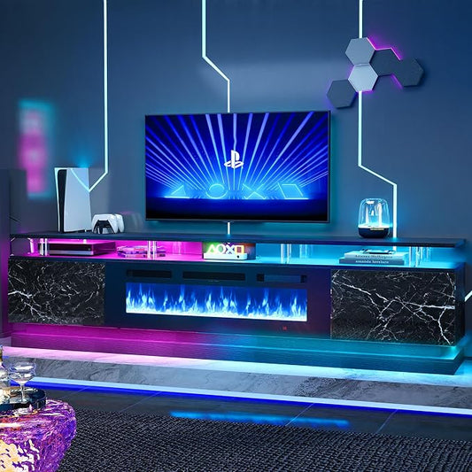 80" Fireplace TV Stand, Modern Entertainment Center for TVs Up to 90", TV Console with Storage Cabinets, Media Console for Living Room, Marble Black TV Stand and Black Fireplace