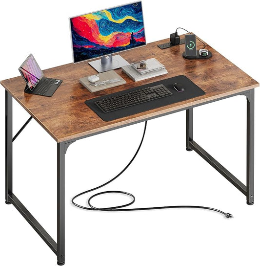 PRAISUN 40 X 24 Inch Deeper Desk with Power Outlets | Small Computer Desk for Bedroom, Office Desk for Work from Home, Writing Study Gaming Table, Stable Metal Frame, Rustic Brown