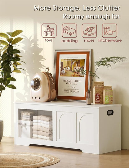 DINZI LVJ Storage Chest, 47.2" Rattan-Like Toy Box with 2 Safety Hinges, Wooden Entryway Storage Bench with Flip-Top, Large Trunk for Living Room, Bedroom, Easy Assembly, White
