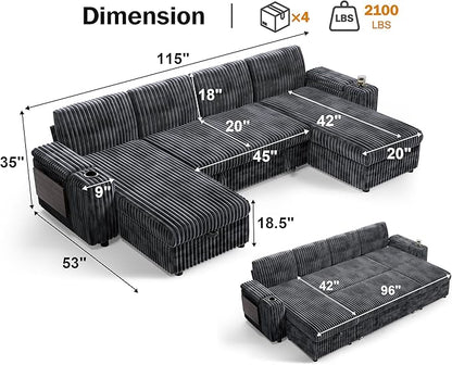 Vipbear 108" Modular Sectional Sleeper Sofa with Pull Out Bed, 4 Seat Plush Corduroy U Shaped Couch with USB Ports|Cup Holders|Side Table|Storage Chaise Armrests, Tool Free Assembly, Grey