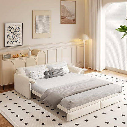 66" Sofa Bed Queen Size, Pull Out Couch Bed, 3-in-1 Convertible Sleeper Sofa with Side Pocket, Modern Velvet Futon Couch for Living Room, Small Space, Apartment, Bedroom, Beige