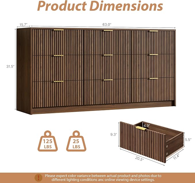 MAISONARIA 3-Piece Dresser Bedroom Set, 9 Drawer Dresser & 2 Drawer Nightstands with Gold Handles, Fluted Wood Chest of Drawers for Bedroom, Living Room, Entryway, Walnut