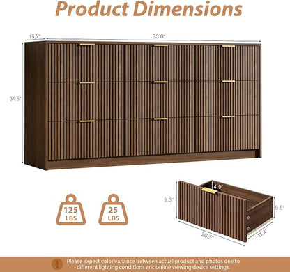 MAISONARIA 3-Piece Dresser Bedroom Set, 9 Drawer Dresser & 2 Drawer Nightstands with Gold Handles, Fluted Wood Chest of Drawers for Bedroom, Living Room, Entryway, Walnut